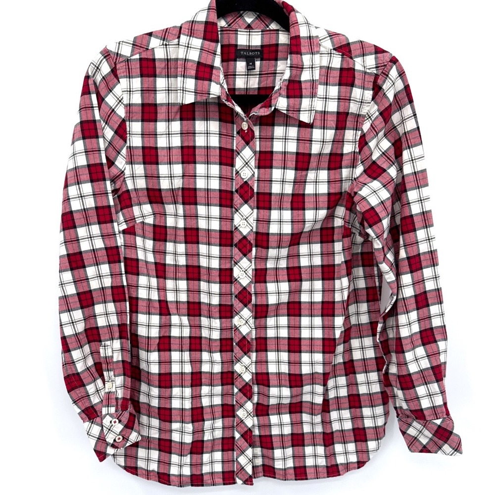 Talbots Plaid Button Down Shirt‎ Women's Medium Red Checkered Long Sleeve